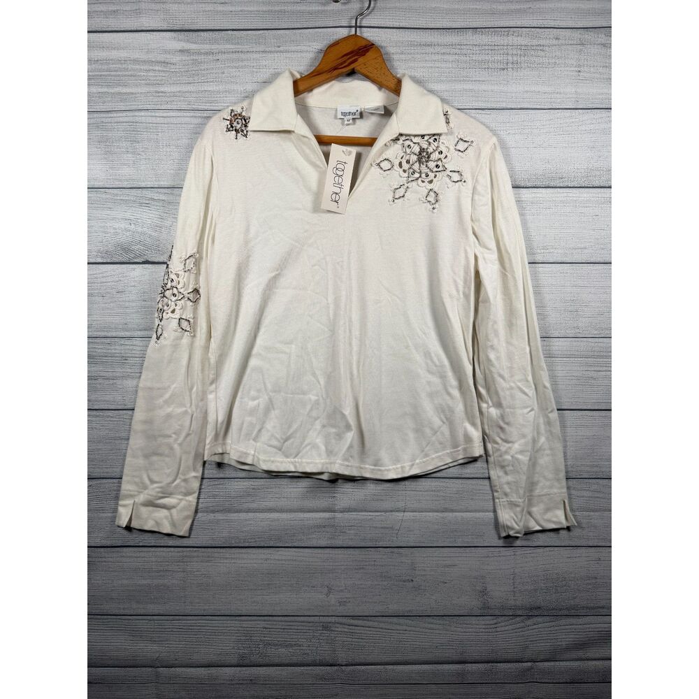 Together Women's Medium White Embellished Beaded Floral Cotton Polo Top 1347